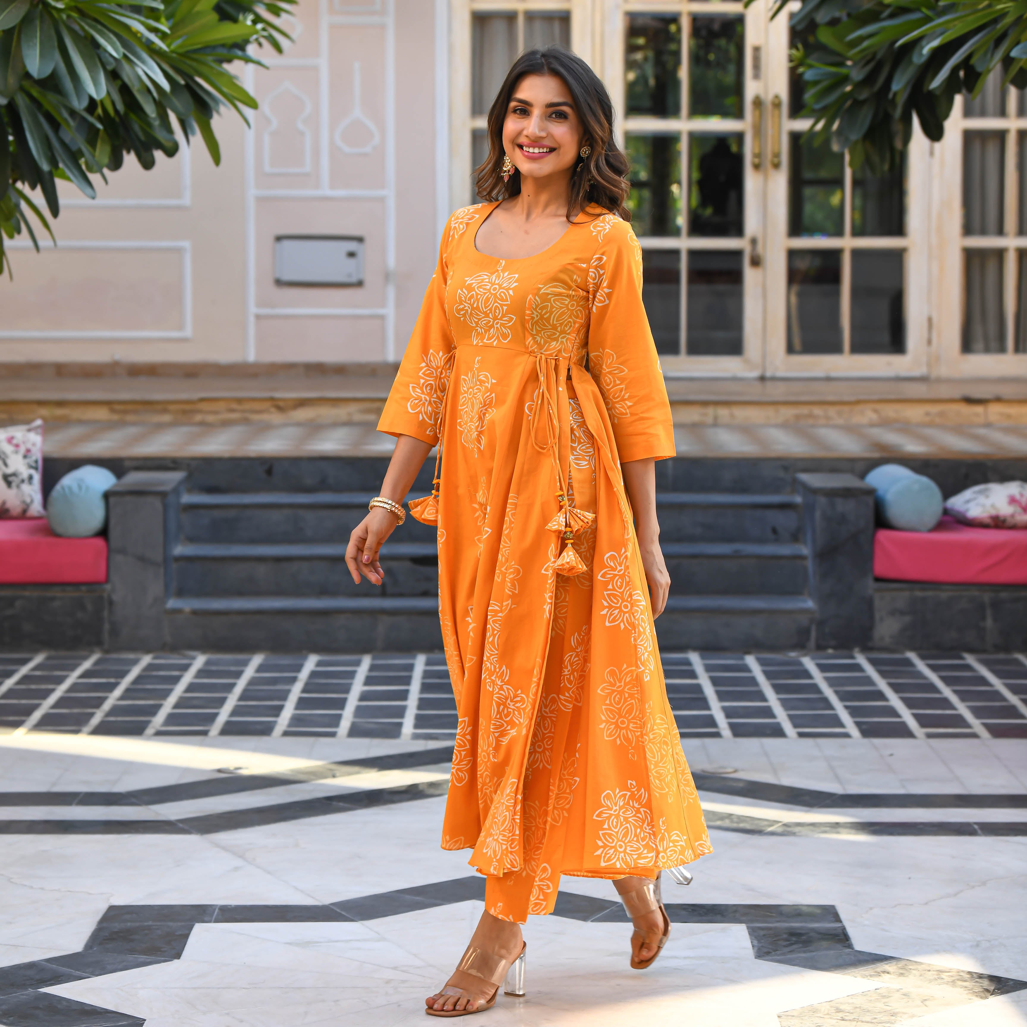 Straight Style Banarsi Silk Fabric orange color Kurti with woven work and  Cotton Banarsi Silk fabric Orange color Bottom with Silk fabric Dupatta